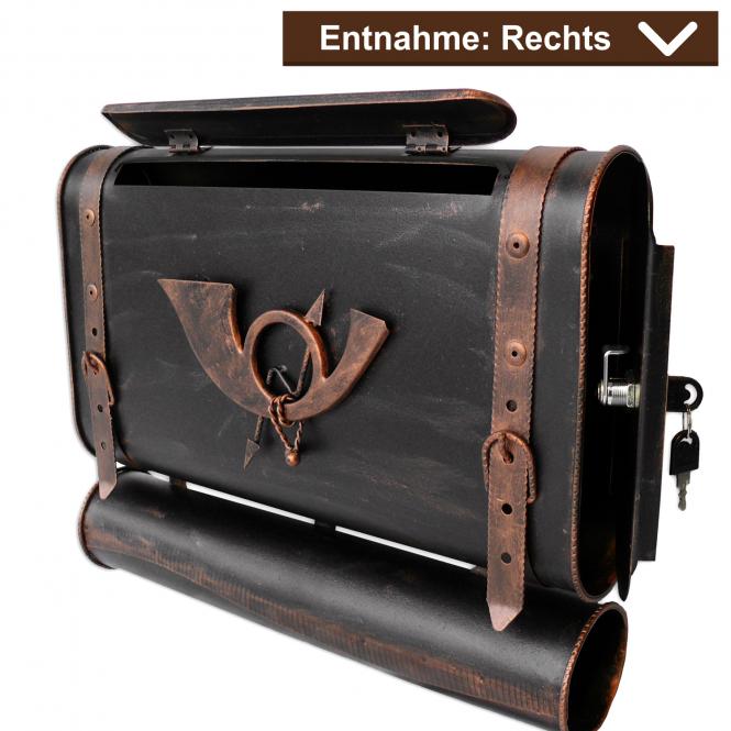 Briefkasten alter Koffer mit Posthorn im Antik-Look - Schwarz-Kupfer - Rechts