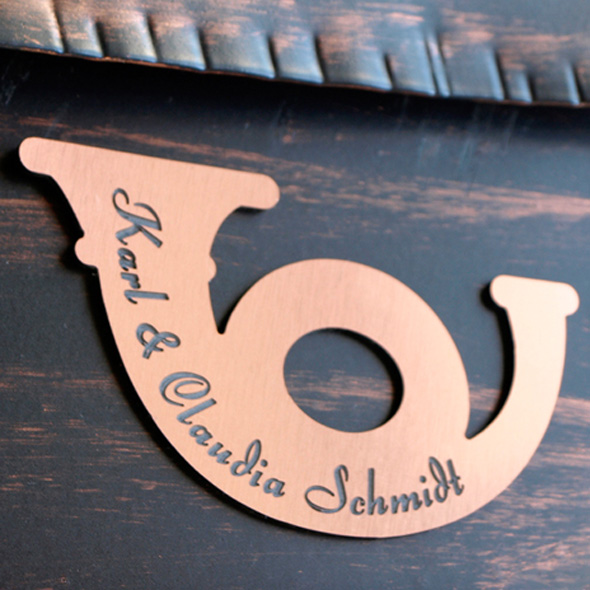 Namensschild Türschild Briefkasten Schild mit Gravur im Antik-Look Posthorn Kupfer