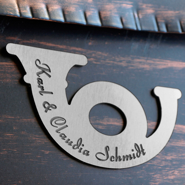 Namensschild Türschild Briefkasten Schild mit Gravur im Antik-Look Posthorn - Silber / Edelstahl